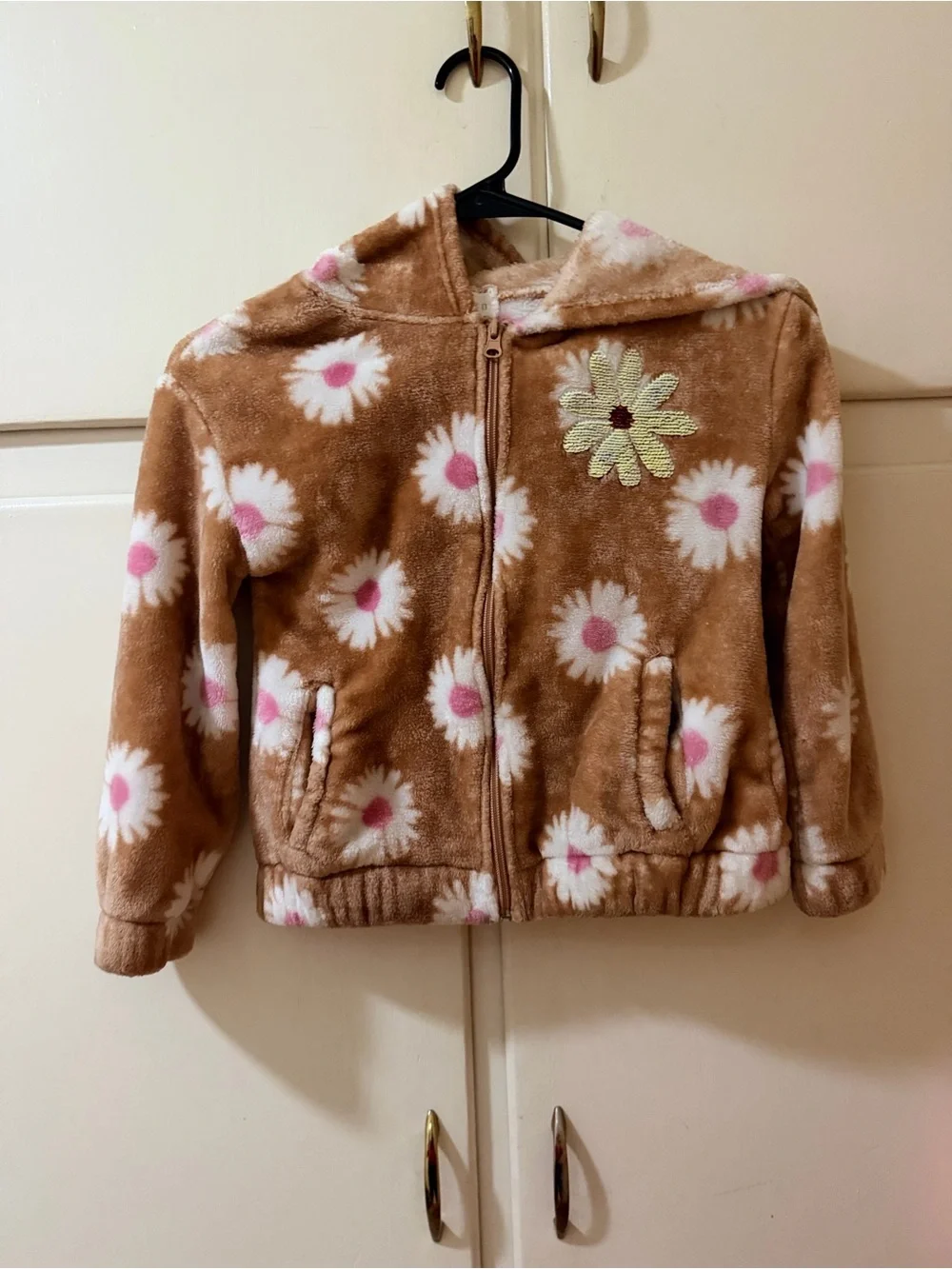 Girls Brown Daisy-Print Hooded Zip-Up Fleece Jacket